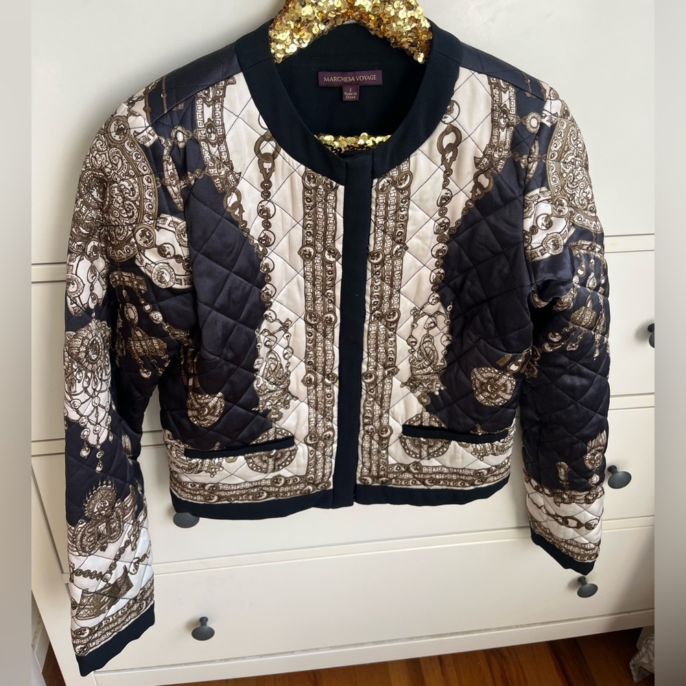 MARCHESA Voyage Notte Silk Scarf Quilted Bomber Jacket Blazer - Picture 4 of 8